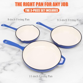 Nonstick Enameled Cast Iron Cookware - 3 Frying Pan Set 8-Inch, 9.5-Inch Frying Pan & 11-Inch Large Frying Pan, Healthy Non Toxic Cooking Pan, PFOA PFAS PTFE Free, Compatible with All Stovetops, Blue