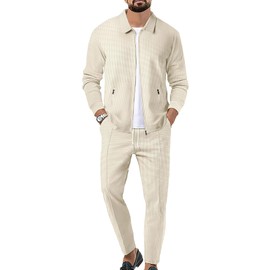 aromm Men's Waffle Tracksuits Long Sleeve Full Zip Jacket & Trouser 2pcs Set Beige for Casual Sport Work Lounge, S