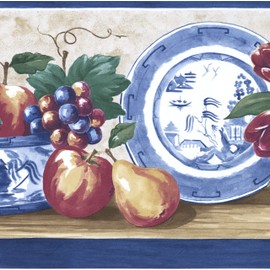 CONCORD WALLCOVERINGS ™ Wallpaper Border Fruits Pattern Apples Plums Grapes Tulips Pear for Kitchen Room, Green Blue Red Yellow Brown, 9 Inches by 15 Feet MM74658B