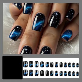 FNKFNK Starry Sky Press on Nails Medium Square Fake Nails with Blue Ombre Line Stripes Designs Glossy Black False Nails Reusable Glitter White Star Full Cover Artificial Stick on Nails for Women 24Pcs