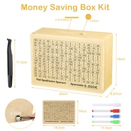 Fentar Wooden Money Box, Money Saving Box with 4 Marker & Eraser, 10000 Saving Challenge Box with ϵ 500- ϵ 10000 Target, Value Vault Money Box for Kids Adults, Reusablemoney Box, Piggy Bank for Gift