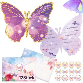 NOCHME Butterfly Invitation Cards with Envelope Children's Birthday Party Pack of 12 Glitter Children's Birthday Invitations for Birthday Party Invitations Children's Party for Girls Boys (Dark