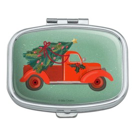 Old Timey Christmas Red Truck and Tree Rectangle Pill Case Trinket Gift Box