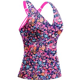 Underwire Tankini Tops for Women – Twist Front V Neck Bathing Suits Top Only Ruched Tummy Control Swimsuit Top Pink Flower Medium