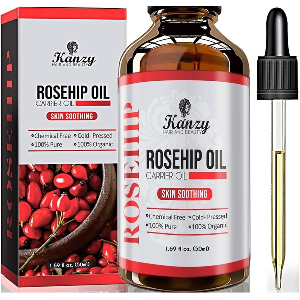 Kanzy Rosehip Oil, Organic Cold Pressed, 100% Pure, 50 ml, Rosehip Oil, Wild Rose Oil for Skin Hair Nails Face Oil Body Oil Vegan Hexane-Free Rosehip Seed Oil Anti-Ageing Anti-Wrinkle Natural