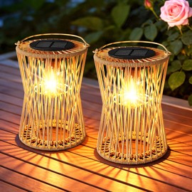 AOUNQ Solar Lanterns Outdoor Waterproof 2 Pack, Upgraded Rattan Hanging Solar Lights for Outside with Handle, Bright Auto On/Off Decorative Outdoor Lanterns for Patio Garden Yard Porch, Gifts for Mom
