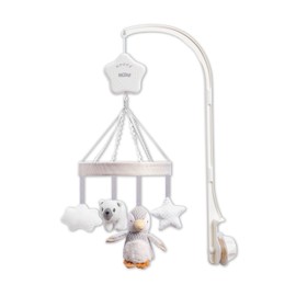Nuby Musical Cot Mobile for Babies with Adjustable Arm to Fit All Cots. Cute Plush White and Grey Characters, Including Pebbles the Penguin and Pals, 1 Count (Pack of 1)