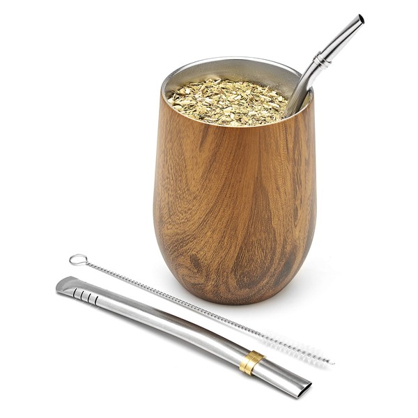 BALIBETOV Modern Mate Cup And Bombilla Set (Yerba Mate Cup) -Yerba Mate Set includes Double Walled 18/8 Stainless Steel Mate Tea Cup, Two Bombilla Mate (Straw) and a Cleaning Brush (Wood, 12)