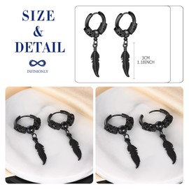 INFINIONLY Men's Women's Stainless Steel Feather Earrings Hoops Novelty Earrings Dangles for Boys Fashion Piercing Statement Earrings Creative Creole, Black