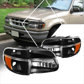 [4Pcs-Set] Headlights Assembly+Corner Lamps Compatible with Ford Explorer 95-01,Black Housing/Amber Corner