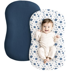 Konssy Muslin Baby Lounger Cover 2 Pack, 100% Cotton Newborn Lounger Cover, Soft and Breathable Lounger Cover for Boys Girls, Covers Only (Planet,Navy)