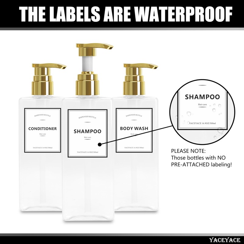 Shampoo Dispenser Bottles with Gold Pump, YACEYACE 16.9oz Set of