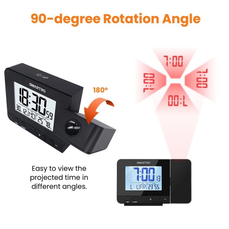 Smartro Digital Projection Alarm Clock For Bedrooms With Indoor Thermo