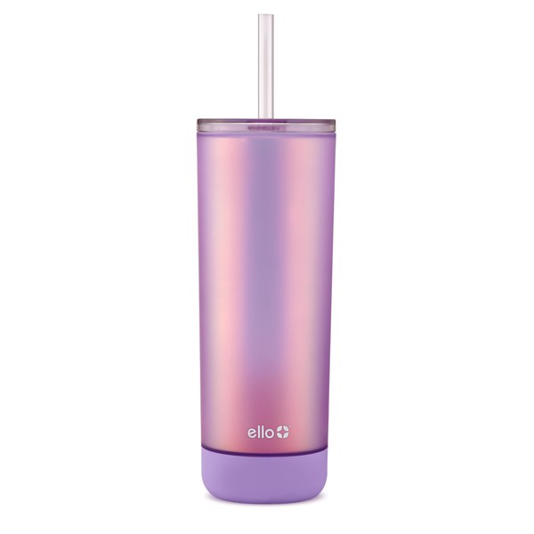 Ello Monterey 24oz Plastic Tumbler with Straw and Built-In Silicone Coaster, Premium Double Walled Insulation, Reusable Cup Perfect for Iced Coffee, BPA Free, Lilac
