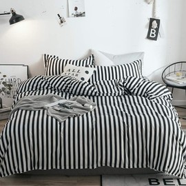 KAREVER Black White Striped Duvet Cover Set Queen Cotton Bedding Vertical Ticking Stripes Pattern Printed 3 Pieces Comforter Cover Set