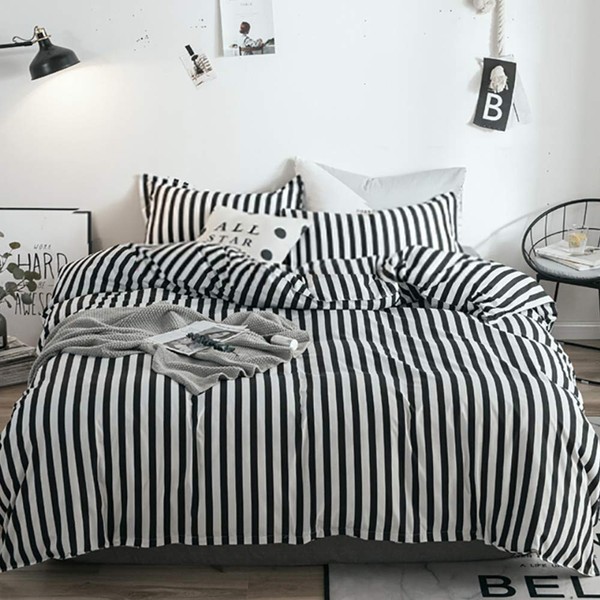 KAREVER Black White Striped Duvet Cover Set Queen Cotton Bedding Vertical Ticking Stripes Pattern Printed 3 Pieces Comforter Cover Set