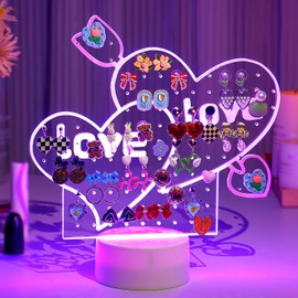 Heart-Shaped Earring Holder Organizer for Girls, 7 Colors 9 Modes LED Light Up Acrylic Earrings Stand, 115 Holes Transparent Pegboard Stud Earring Tree for Girls Women Jewelry Display Storage Gifts