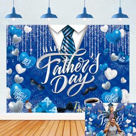 Happy Father's Day Backdrop Blue Glitter Heart Fathers Day Shirt Tie Photography Background Thank You Daddy Men Family Festival Party Decorations Background (Blue, 7X5FT (210x150cm))