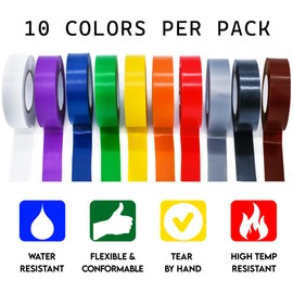 Colored Electrical Tape, 10 Extra-Large Rolls, .75 In x 66 Ft, Bulk Waterproof Electric Tape for Color Coding Wire Insulation, Thin Weatherproof Cable Tape, Indoor & Outdoor Electrical Wire Tape