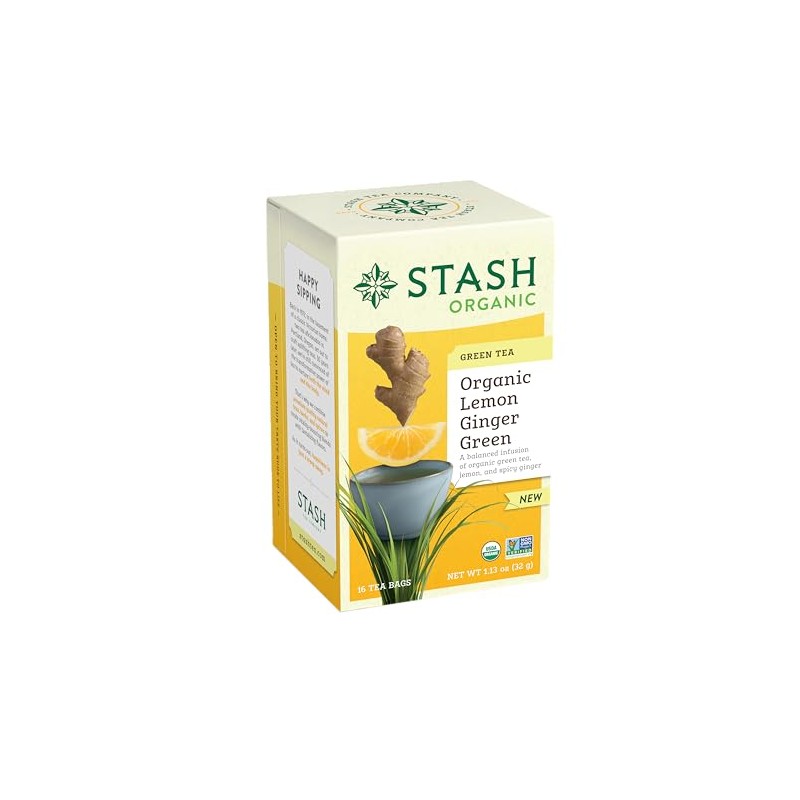 Stash Tea Organic Lemon Ginger Green Tea, Caffeinated, Non-GMO Project