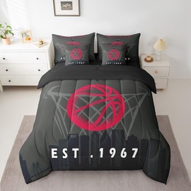 Erosebridal 7 Pcs Comforter Set King Size,Sports Bed in a Bag with Flat Sheet and Fitted Sheet for Kids and Adults,Basketball Bedding Set with Pillowcases and Cushion Cases,Houston