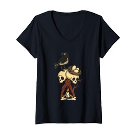 Womens Cute Crow Skull Cartoon V-Neck T-Shirt