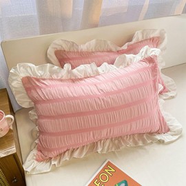 Ruffled Pillow Shams 19x29 Inch, Striped Ruffle Pillow Covers, Soft Decorative Princess Style Pillowcases for Bed & Home Decor, Fiber Material, Pink