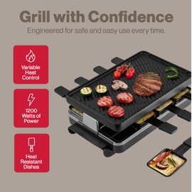 Swissmar Classic 8-Person Raclette Party Grill - Indoor Electric Grill & Griller with Reversible Cast Iron Grill Plate/Crepe Top - Anthracite Black