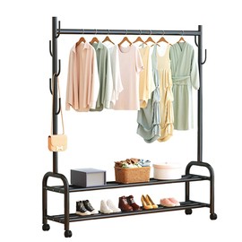 ANAMPION Garment Rack with Storage Shelves and Coat/Hat Hanging Hooks with Wheels Clothing Rack with Storage Shelves, 9 Hooks Rolling Garment Rack for Hanging Clothes,Coats,Skirts