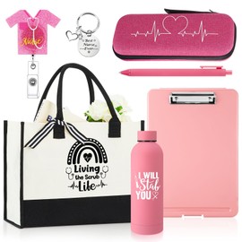 7 Pcs Nurse Week Appreciation Gifts Canvas Bag Tumbler Pen Keychain Folder Badge Holder Stethoscope Case(Stainless Steel,Pink)