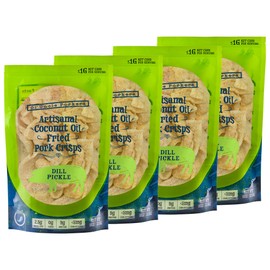 Keto-Friendly Pickle Flavor Pork Rinds (Dill Pickle, 8oz Bag); Pork Crisps Fried in Coconut Oil, Zero Carb Snack (Pack of 4)