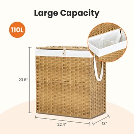 DUMOS Woven Laundry Basket with Lid, 110L Large Capacity Hamper, Removable & Machine-Washable Liner, Foldable Rattan Clothes Hamper, Sturdy Steel Frame, Odor Control, Goose Yellow