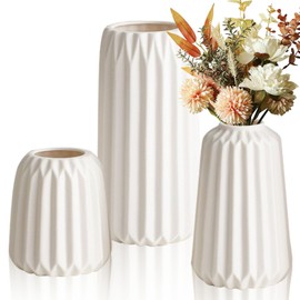 Lighterday Set of 3 Boho Vases, Ceramic Vases, Modern Vases, Decoration, Beige Vase, Flower Vase, Small Vases for Pampas Grass Flower, for Living Room, Table, Windowsill Decoration (White-A)