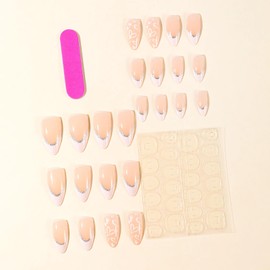 White French Tip Press on Nails Almond Heart Fake Nails with Silver Glitter Designs Medium Length Valentines Glue on Nails Glossy Nude Artificial Nails Valentine’s Day Stick on Nails for Women