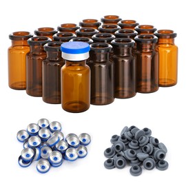 FOUR E'S SCIENTIFIC 10ml Glass Vials, 100 PCS Amber Lab Headspace Vial with Rubber Stoppers and Plastic-Aluminum Flip Caps