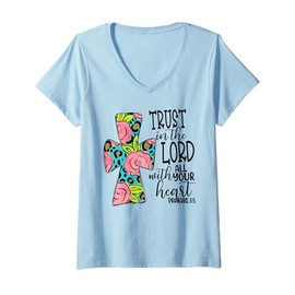 Womens Trust in Lord Easter Christian All Your Heart Floral Cross V-Neck T-Shirt