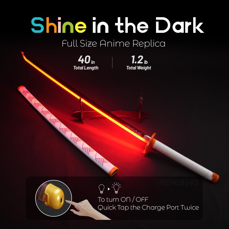 RENGENG Light Up Rengoku Sword, 40 Inches Rechargeable Plastic Anime