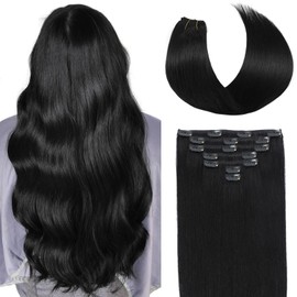 Befana Clip in Hair Extensions Real Human Hair,22inch 90g 7 Pcs #1 Jet Black Human Hair Extensions Clip in,Straight Silky Hair Extensions Clip ins For Women
