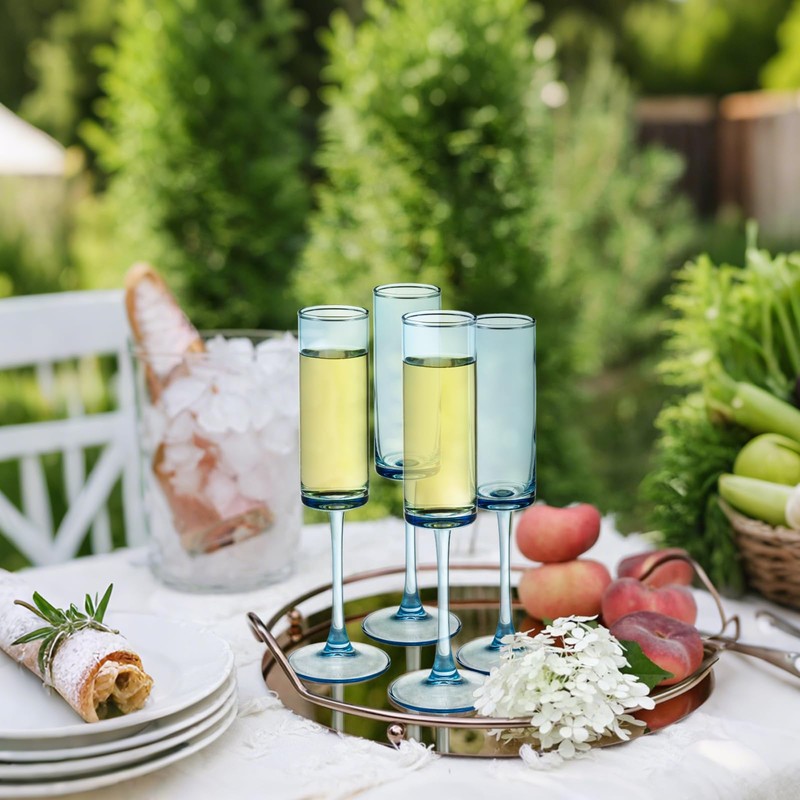6 Pieces Blue Champagne Flutes 6 OZ Straight Sided Wine