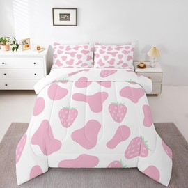 Pink Strawberry Comforter for Boys Kids Girls Milk Cow Skin Comforter Set Full Size Home Decor Soft Animal Print Bedding Set Pink Cow All Season Teens Bedroom Down Duvet,1 Comforter with 2 Pillowcase