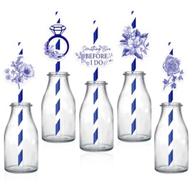 50PCS Something Blue Before I Do Bridal Shower Decoration, Dusty Blue Bridal Shower Paper Straws Floral Ring Striped Straws for Women Bachelorette Bridal Shower Party Favors