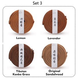 Aromatherapy and Meditation Coil Incense Gift Set by Gandhanra - 160 Natural Coils in 4 Scents with Free Burner - Long Lasting 4 Hours,Set 3(Lemon,Lavender,Tibetan Grass,Sandalwood)