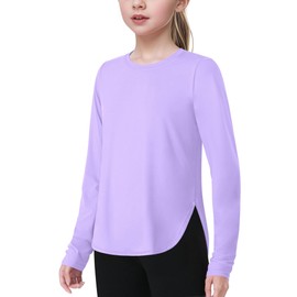 JOCMIC Girls Long Sleeve Shirts Kids Athletic Quick Dry Basic Tees for Gym Yoga Tops UPF 50+ Sun Protection Purple 5-6 Years