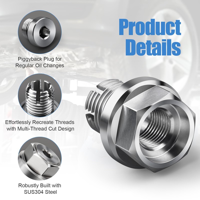 M12.1-1.75 x 15mm Oversize Piggyback Oil Drain Plug, Stainless Steel