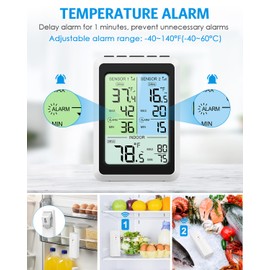 AMIR Upgraded Digital Refrigerator Thermometer with Alarm – 4.5” Wireless Fridge & Freezer Thermometer with 2 Sensors, Backlight Color Screen, MAX/MIN Records for Home, Restaurant & Wine Cellar Use