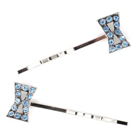Teri's Boutique Ribbon Bow Rhinestones Crystal Simple Point Hair Fashion Style Jewelry Accessory Hair Pins 1 Pairs (Blue)