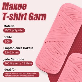 Maxee Premium T-Shirt Yarn - Pack of 3 (200 g / 75 m each), Soft Ribbon Yarn for Crochet & Knitting - Intensive and Easy to Clean, Ideal for Crochet Bags/Baskets/Carpets DIY Projects, Crafts and