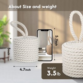 Zoeynex Elegant White Cotton Rope Door Stopper - Heavy-Duty 3.5lb Cylindrical Doorstop with Handle - Coastal Decor Weighted Door Stop for Interior, Exterior, Sliding Doors - Soft Touch Design