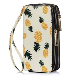 HAWEE Double Zipper Wallet for Woman Clutch Purse with Cell Phone Holder for Smart Phone/Card/Coin/Cash, Pineapple