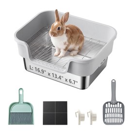 Stainless Steel Rabbit Litter Box with Safety Grid, Large Sifting Bunny Litter Pan for Small Animals, Guinea Pig, Ferret, Easy to Clean, Anti-Urine Leakage Metal Pet Toilet (16.9" × 13.4" × 6.7")